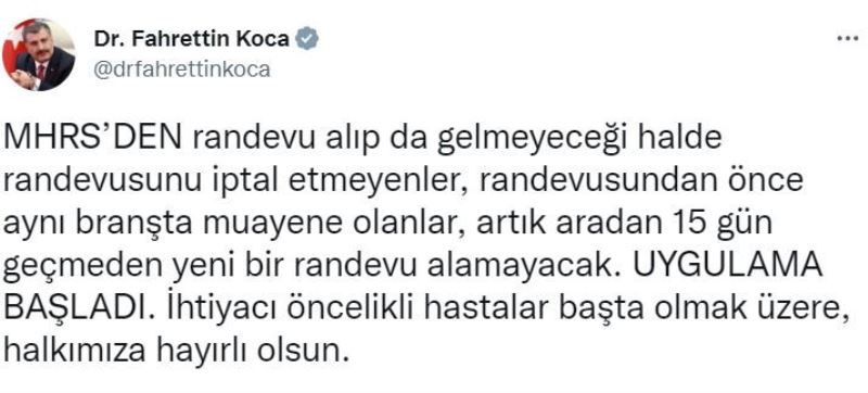 Bakan Koca duyurdu: MHRS’DEN randevu alıp gelmeyenlere 15 gün yeni randevu yok
