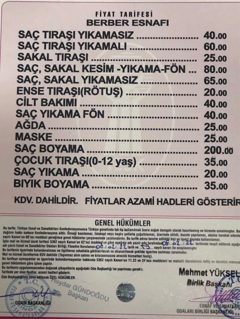 Sinop’ta berber tarifesi yenilendi: Saç-sakal tıraşı 65-80 TL
