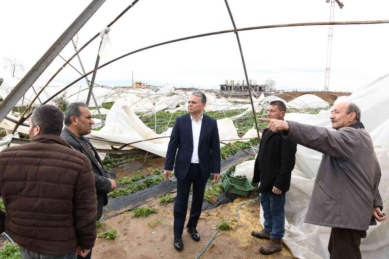 Başkan Uysal, hortumun vurduğu seraları inceledi
