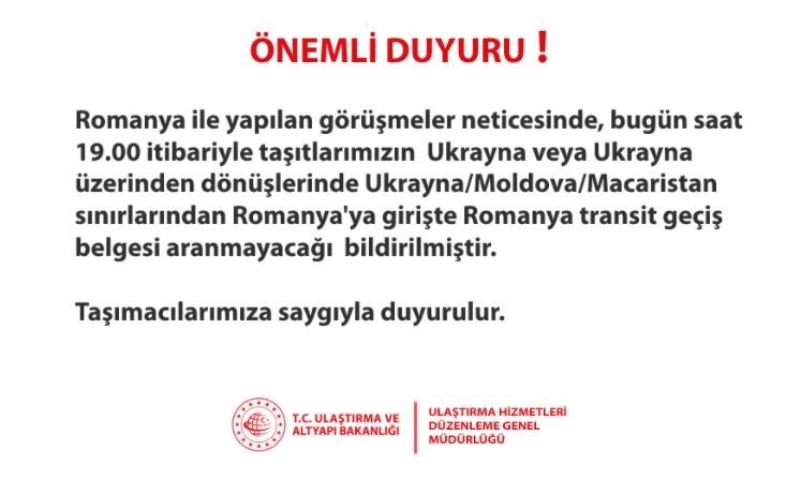 Ukrayna’dan Romanya’ya geçişte transit geçiş belgesi aranmayacak
