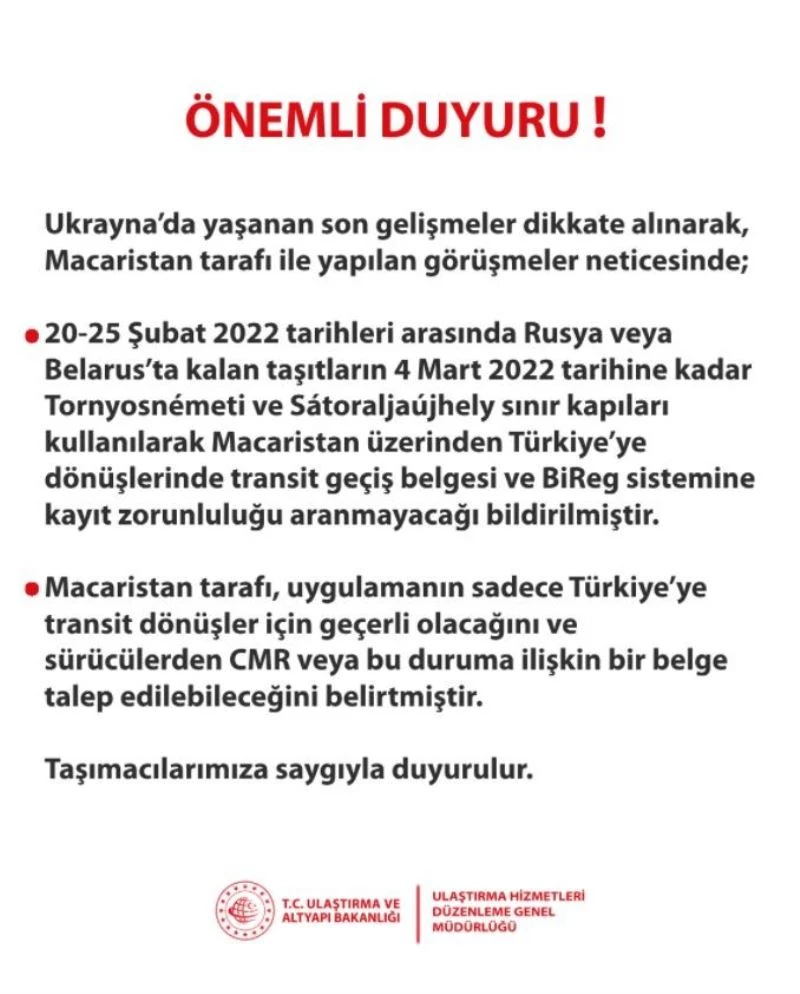 Ulaştırma ve Altyapı Bakanlığından Rusya veya Belarus’ta kalan taşıtlar hakkında açıklama
