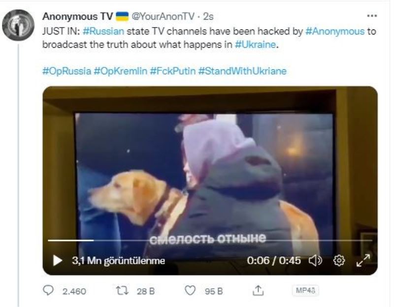 Hacker grubu Anonymous’dan, Rus devlet televizyonuna siber saldırı
