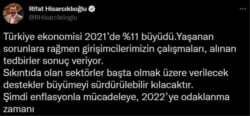 TOBB Başkanı Hisarcıklıoğlu: “Ekonomimiz 2021’de yüzde 11 büyüdü, şimdi enflasyonla mücadele zamanı”
