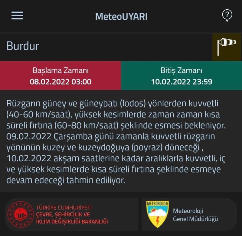 Meteoroloji Burdur için sarı uyarı ile fırtına beklendiğini açıkladı
