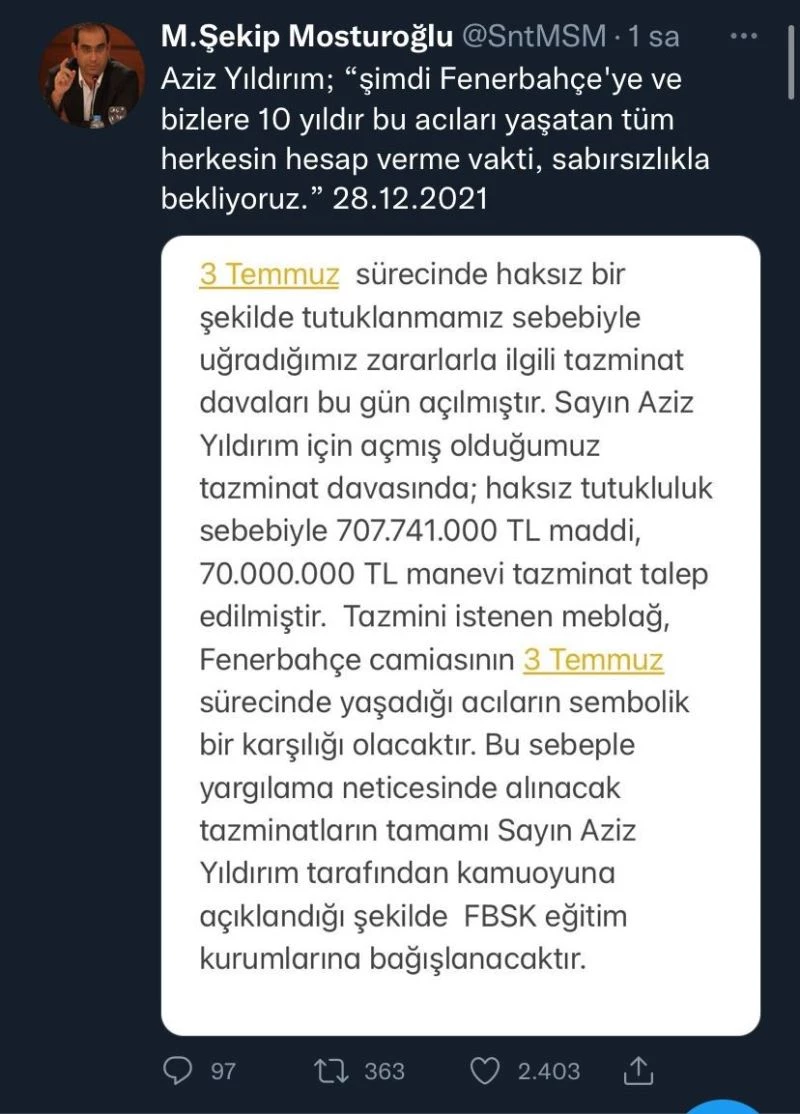 Aziz Yıldırım’dan ‘haksız tutukluluk’ nedeniyle 777 milyon liralık tazminat davası
