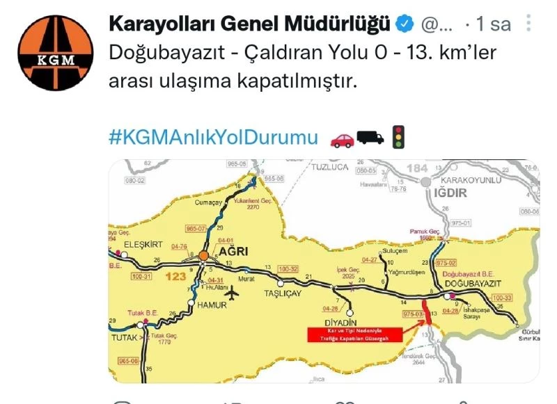 Çaldıran-Doğubayazit yolu ulaşıma kapatıldı
