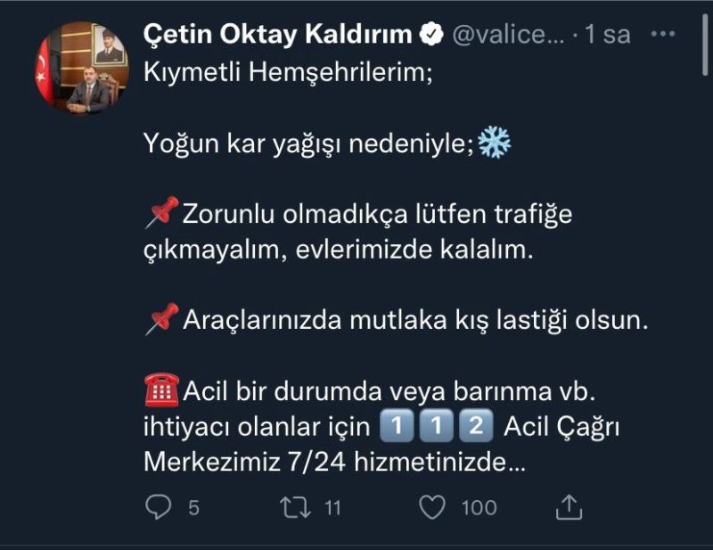 Vali Kaldırım uyardı: “Zorunlu olmadıkça trafiğe çıkmayalım”
