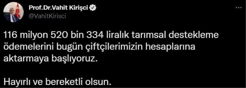 116 milyon liralık tarımsal destek ödemeleri, çiftçilerin hesaplarına aktarılmaya başladı
