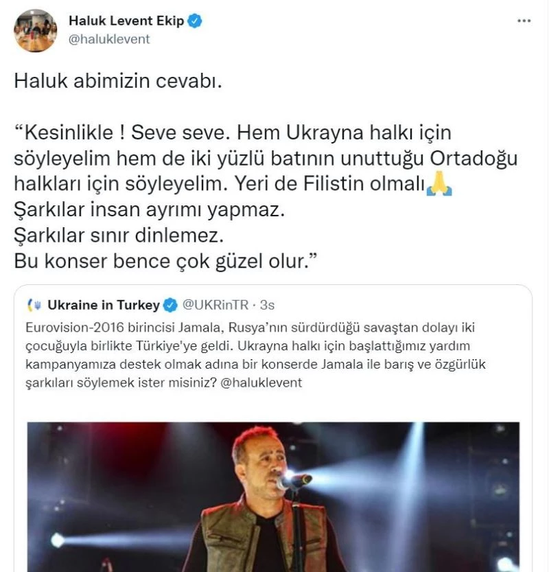 Haluk Levent’ten Ukrayna’nın konser davetine ‘yeri Filistin olsun’ yanıtı
