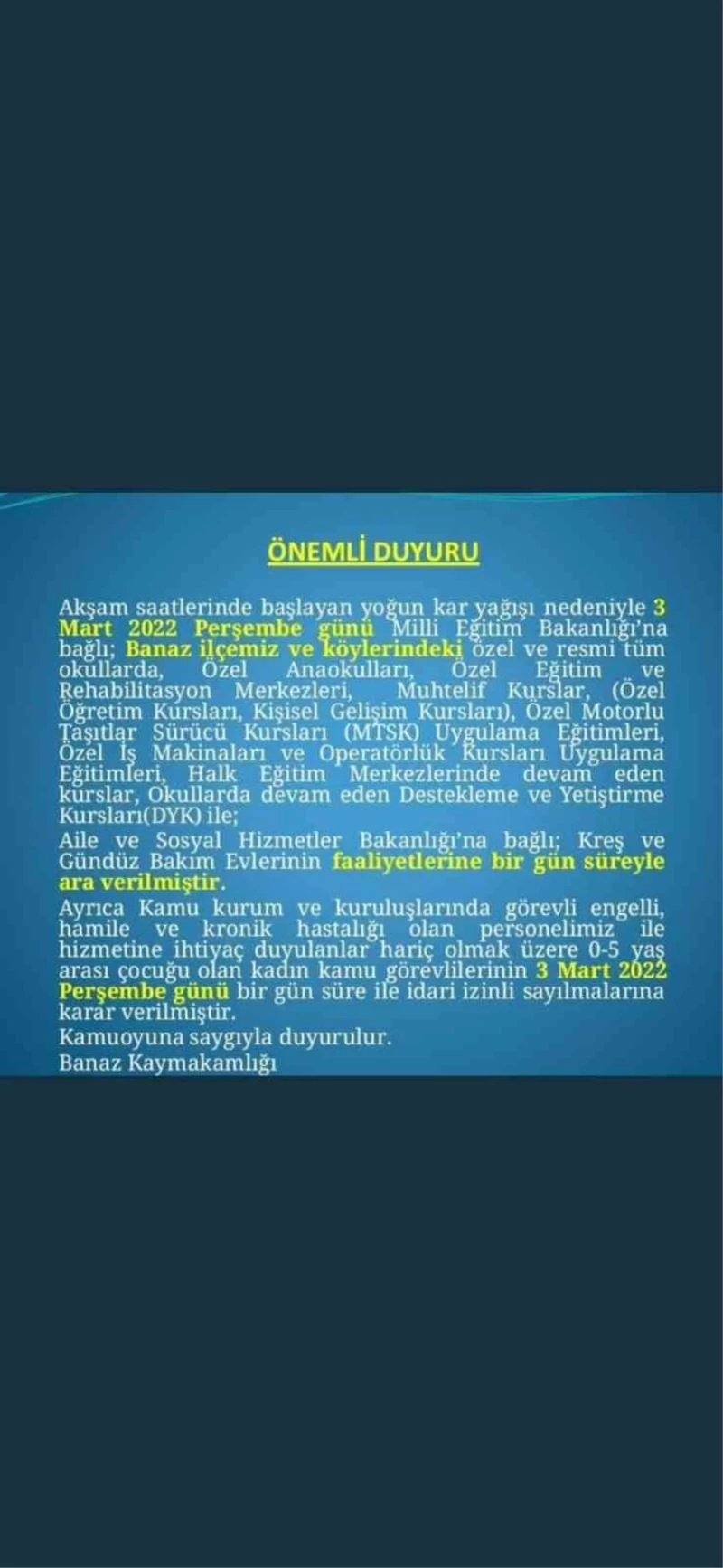 Banaz’da okullara kar tatili
