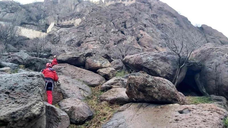 Tarihi kalenin kayalıklarında mahsur kalan keçiler 2 saatte kurtarıldı
