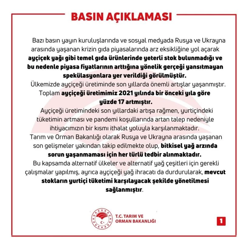 Bakan Kirişci: “Ülkemizin yeterli miktarda ayçiçek yağı stoku bulunmaktadır”

