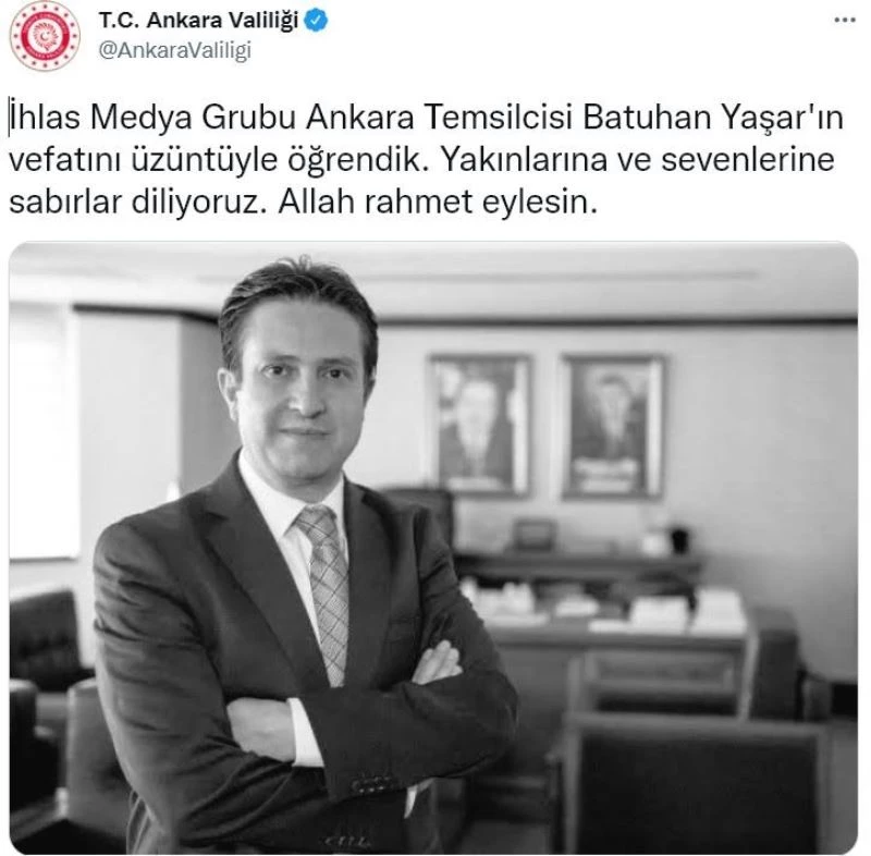 Ankara Valiliği’nden Batuhan Yaşar için taziye mesajı
