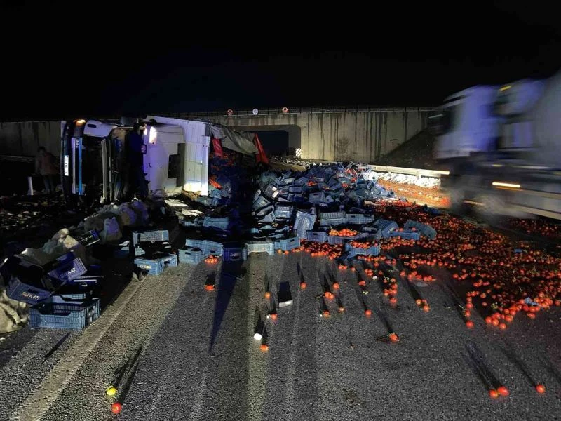 Devrilen tırın dorsesindeki tonlarca domates yola savruldu

