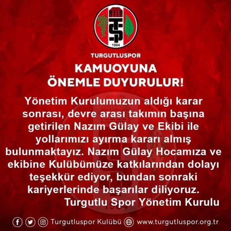 Turgutluspor Nazım Gülay ile yollarını ayırdı
