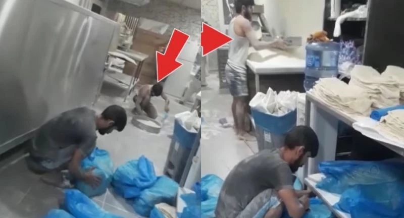 Fırında skandal görüntü: Yere dökülen unları kürekle toplayıp lavaş yaptı
