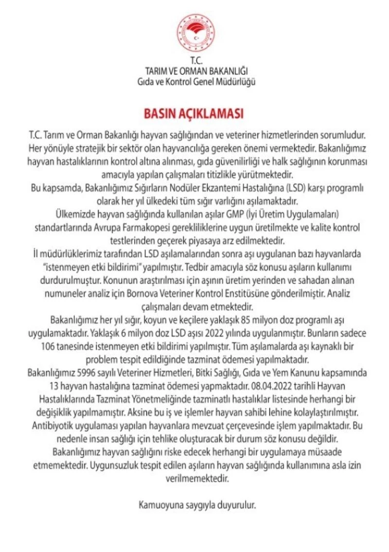 Tarım ve Orman Bakanlığı: “Uygunsuzluk tespit edilen aşıların hayvan sağlığında kullanımına asla izin verilmemektedir”

