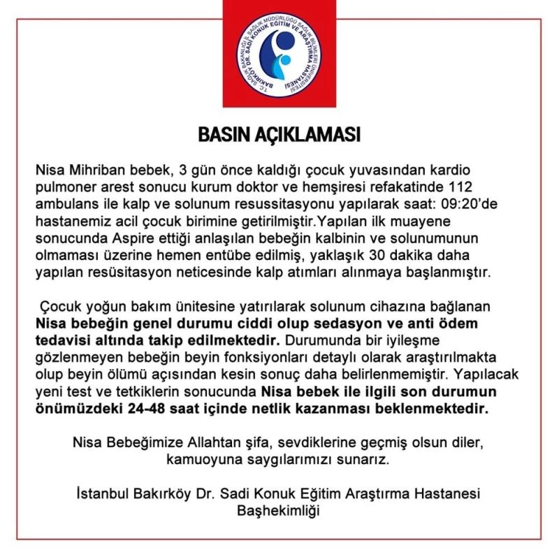 Nisa Mihriban bebeğin tedavi gördüğü hastaneden açıklama
