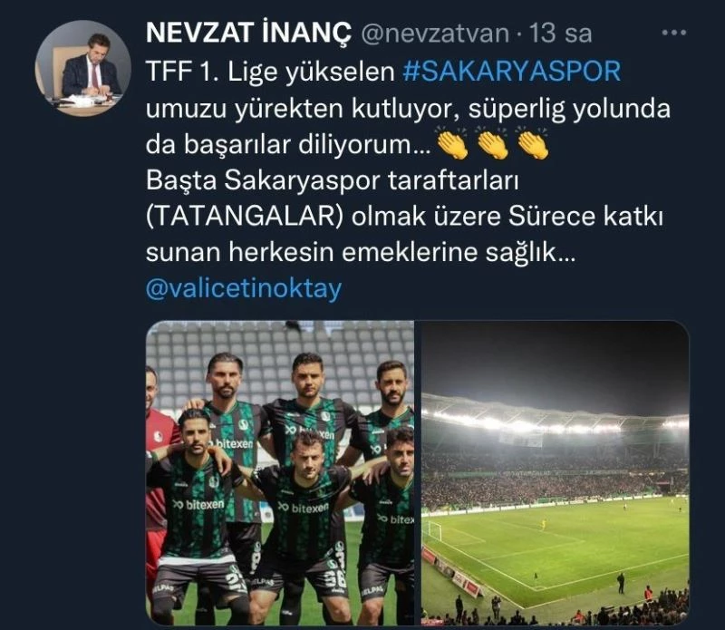 Yeni İl Müdürü İnanç Sakaryaspor’un şampiyonluğunu kutladı
