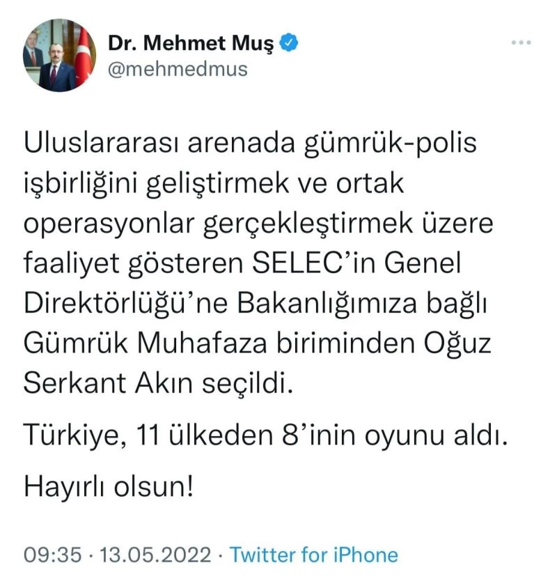 Bakan Muş: “SELEC’in Genel Direktörlüğü’ne Bakanlığımız personeli seçildi”
