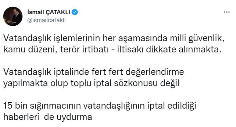 İçişleri Bakanlığı Sözcüsü Çataklı: “15 bin sığınmacının vatandaşlığının iptal edildiği haberleri uydurma”
