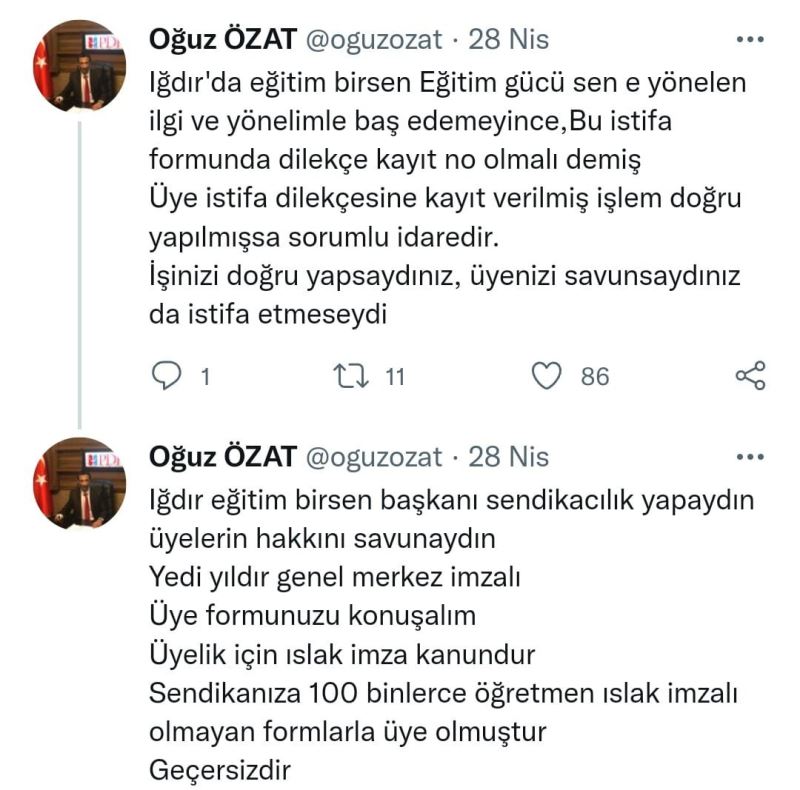 Başkanı Özat’tan Iğdır Eğitim Birsen Başkanına: ”Sendikacılık yapsaydın üyelerin hakkını savunsaydın”
