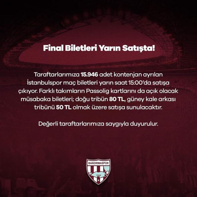 Bandırmaspor - İstanbulspor biletleri satışa sunuluyor
