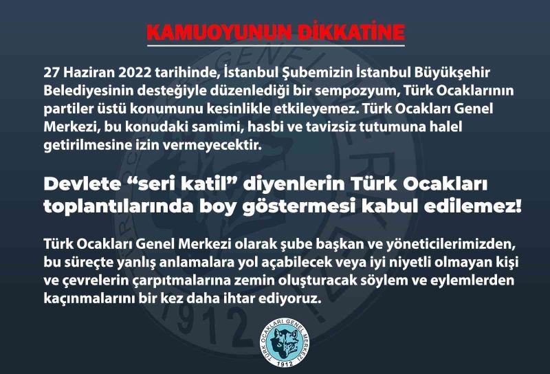 Türk Ocakları: “Devlete ‘seri katil’ diyenlerin Türk Ocakları toplantılarında boy göstermesi kabul edilemez”
