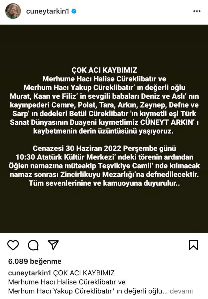Cüneyt Arkın’ın ailesinden sosyal medya üzerinden açıklama
