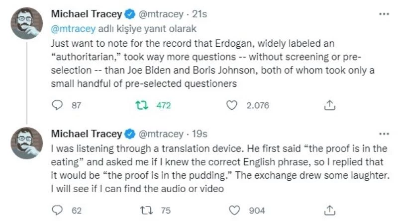 ABD’li gazeteci: “Erdoğan’a önceden seçilmiş soruları alan Biden ve Johnson’dan çok daha fazla soru soruldu”
