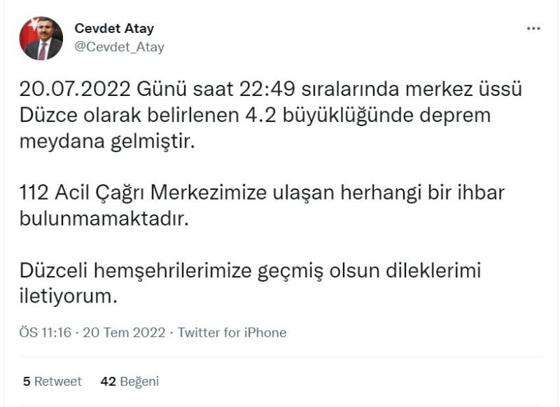 Düzce Valisi Atay: “(Depremde) Herhangi bir ihbar yok”
