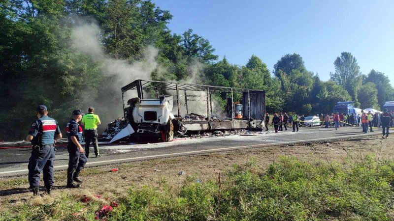 Anadolu Otoyolu’nda feci kaza: Sürücü, yanan tırın içerisinde yaşamını yitirdi
