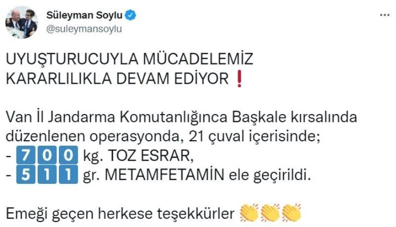 Bakan Soylu duyurdu: Van’da 700 kiloyu aşkın uyuşturucu ele geçirildi
