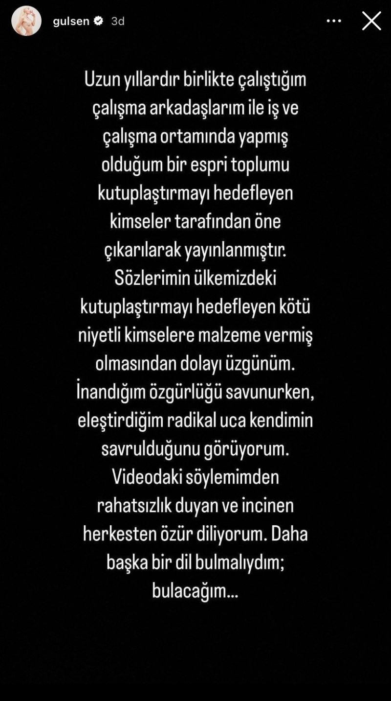 Şarkıcı Gülşen’den ‘özür’ paylaşımı: “Videodaki söylemimden rahatsızlık duyan ve incinen herkesten özür diliyorum”
