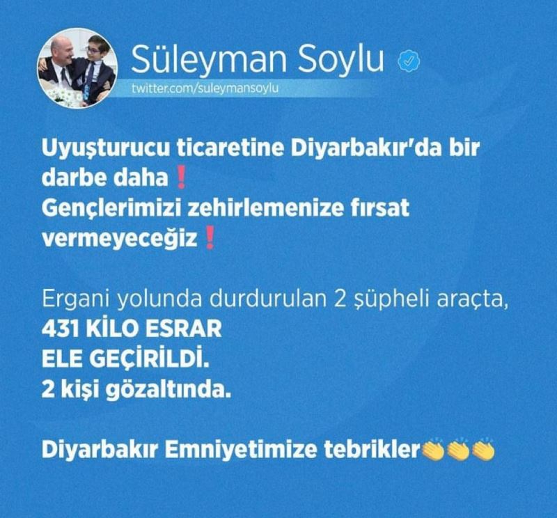 Bakan Soylu duyurdu: Diyarbakır’da 431 kilogram esrar ele geçirildi
