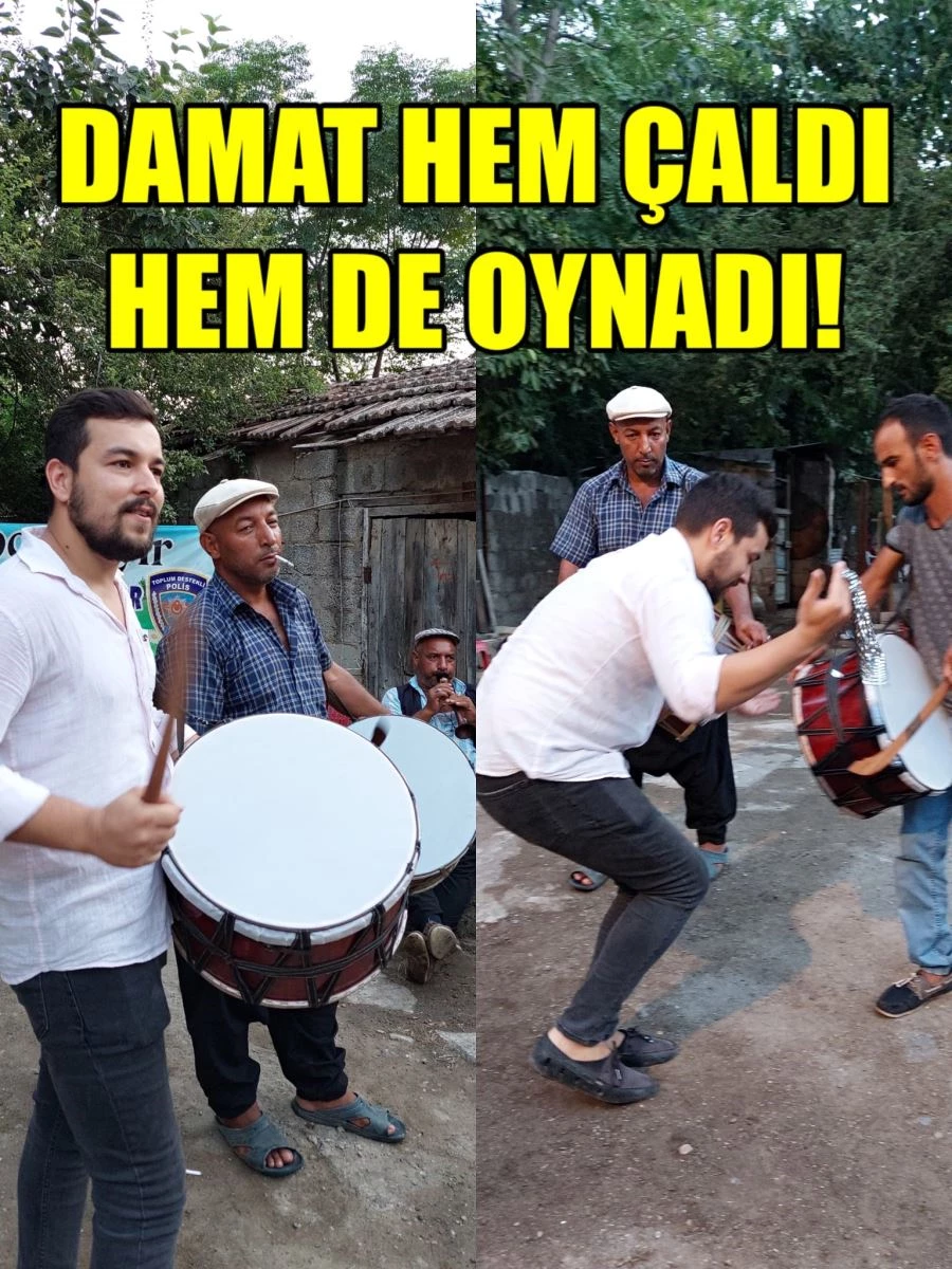 Damat düğününde hem çaldı hem oynadı