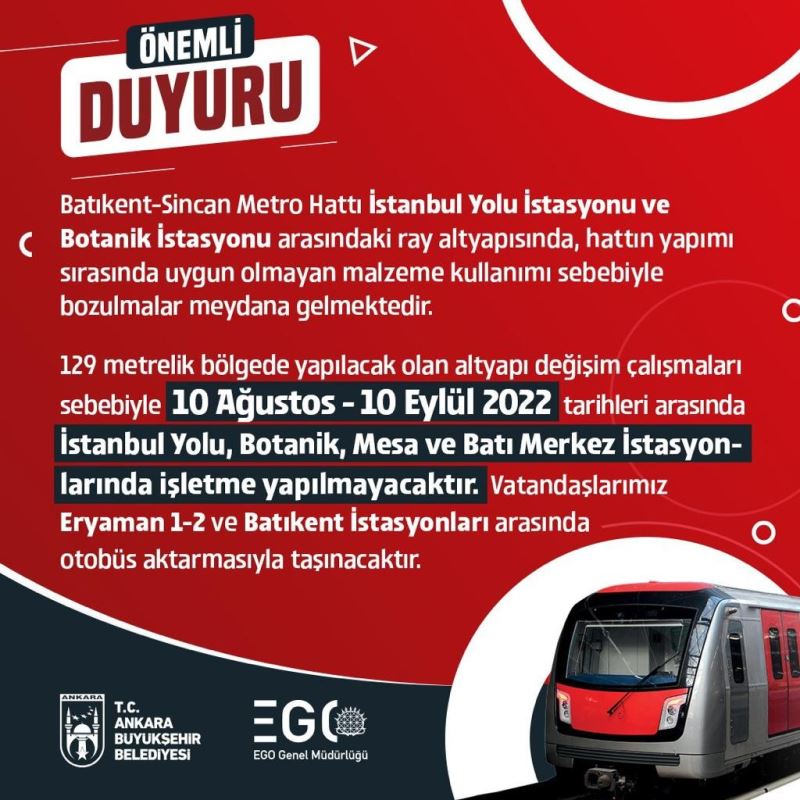 Ankara Metrosu’nda altyapı çalışması yarın başlıyor
