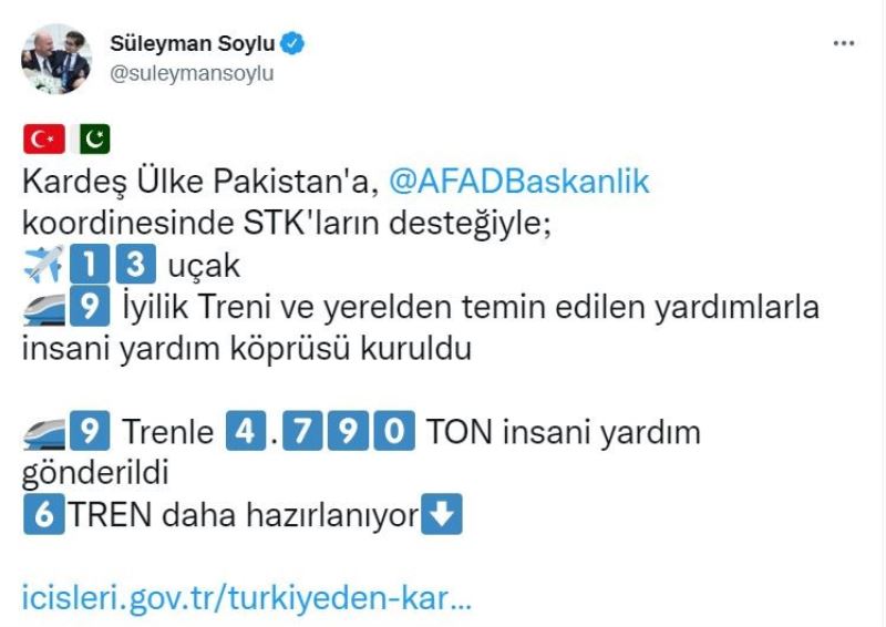 Bakan Soylu: “Kardeş ülke Pakistan’a 13 uçak, 9 İyilik Treni ile insani yardım köprüsü kuruldu