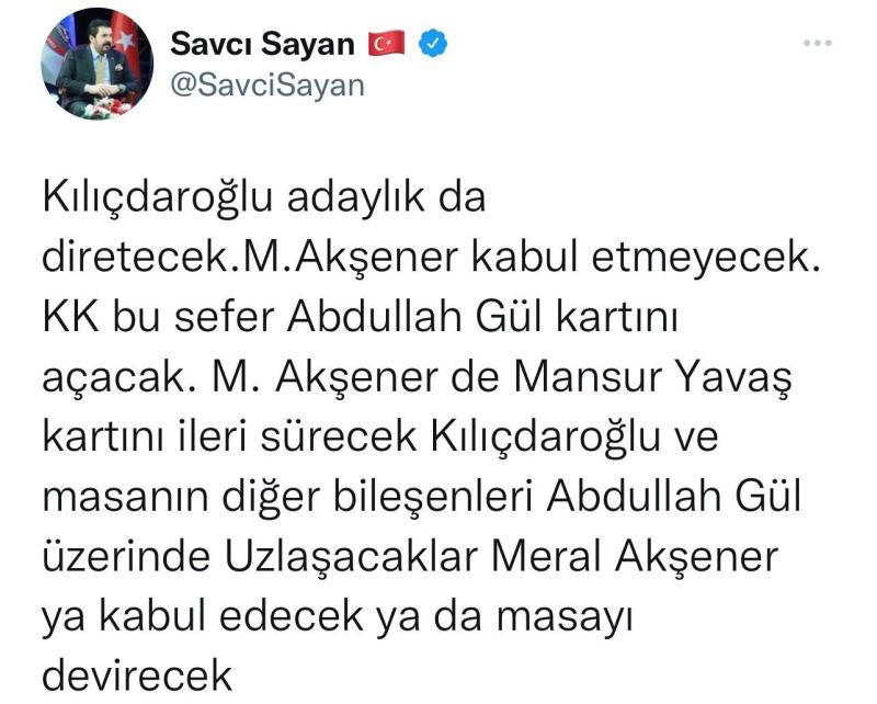 Başkan Sayan, “Kılıçdaroğlu adaylıkta diretecek, Akşener masayı devirecek”
