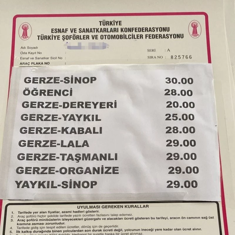 Sinop-Gerze dolmuş tarifesine 5 TL zam
