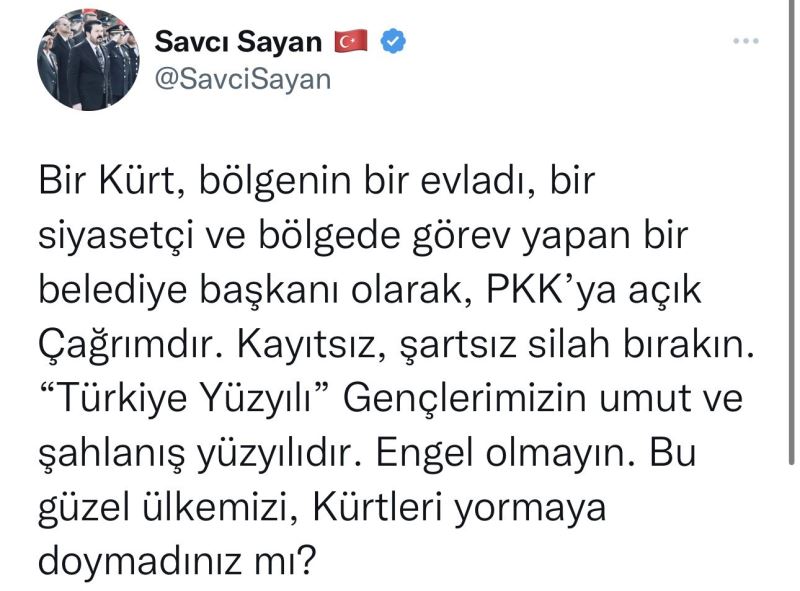 Başkan Sayan’dan PKK’ya çağrı: 