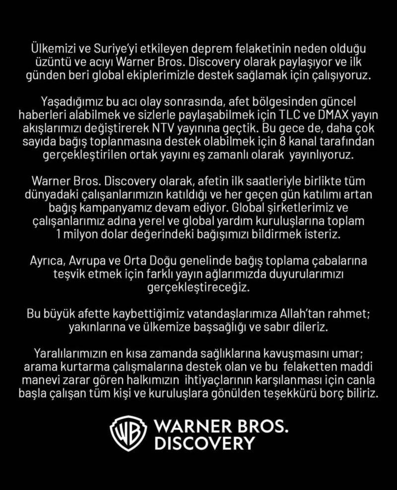 Warner Bros’tan depremzedelere 1 milyon dolarlık yardım
