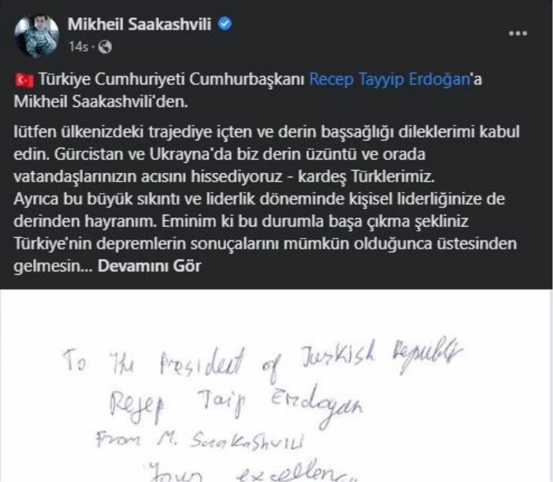Gürcistan’ın tutuklu lideri Saakaşvili’den Cumhurbaşkanı Erdoğan’a taziye mesajı
