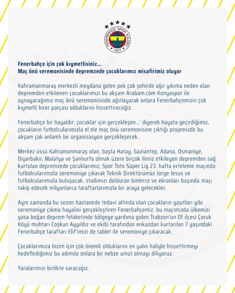 Fenerbahçe’den depremzede çocuklara moral desteği
