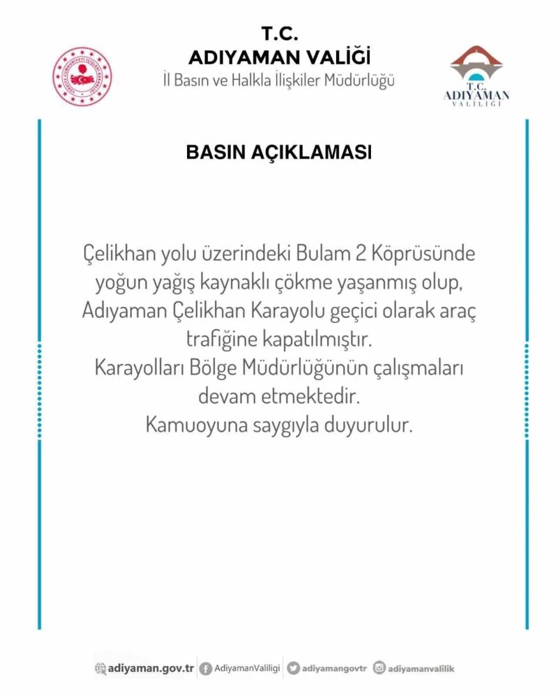 Bulam-2 köprüsü çöktü, Adıyaman-Çelikhan karayolu ulaşıma kapandı
