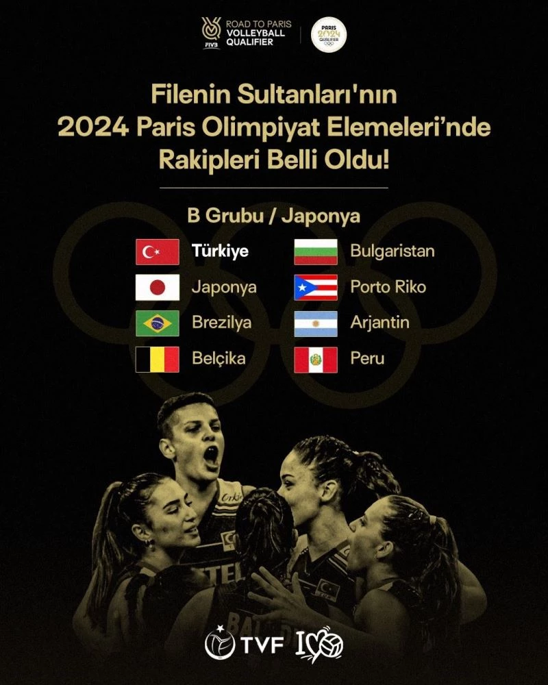 A Milli Kadın Voleybol Takımı, 2024 Paris Olimpiyat Elemeleri’nde B Grubu’nda Japonya, Brezilya, Belçika, Bulgaristan, Porto Riko, Arjantin ve Peru ile 16-24 Eylül tarihleri arasında karşılaşacak.
