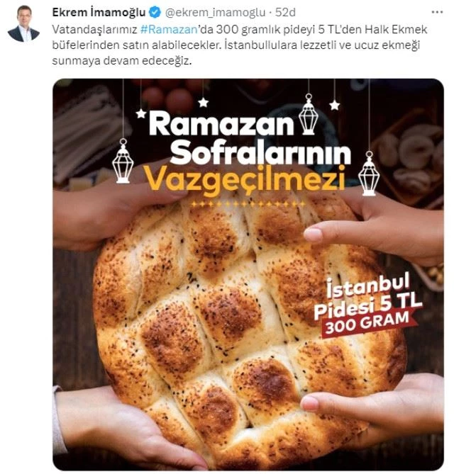 Ekrem İmamoğlu 300 gramlık Ramazan pidesini, Halk Ekmek büfelerinde 5 TL