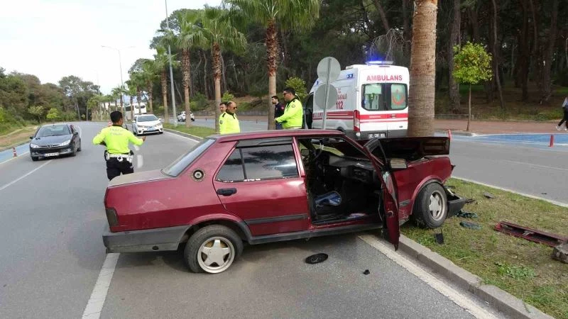 Palmiyeye çarpan otomobil hurdaya döndü, sürücüsü kazayı hafif yaralı atlattı
