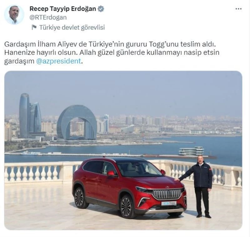 Cumhurbaşkanı Erdoğan: “Gardaşım Aliyev de Türkiye’nin gururu Togg’unu teslim aldı”