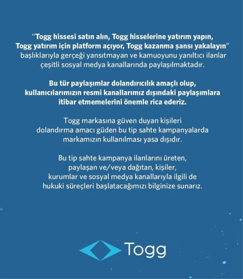 Togg’dan dolandırıcılık uyarısı
